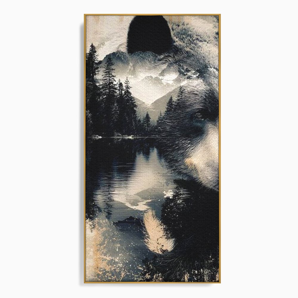 Tablou canvas cu tablou canvas cu urs si peisaj montan, in rama de aluminiu auriu
